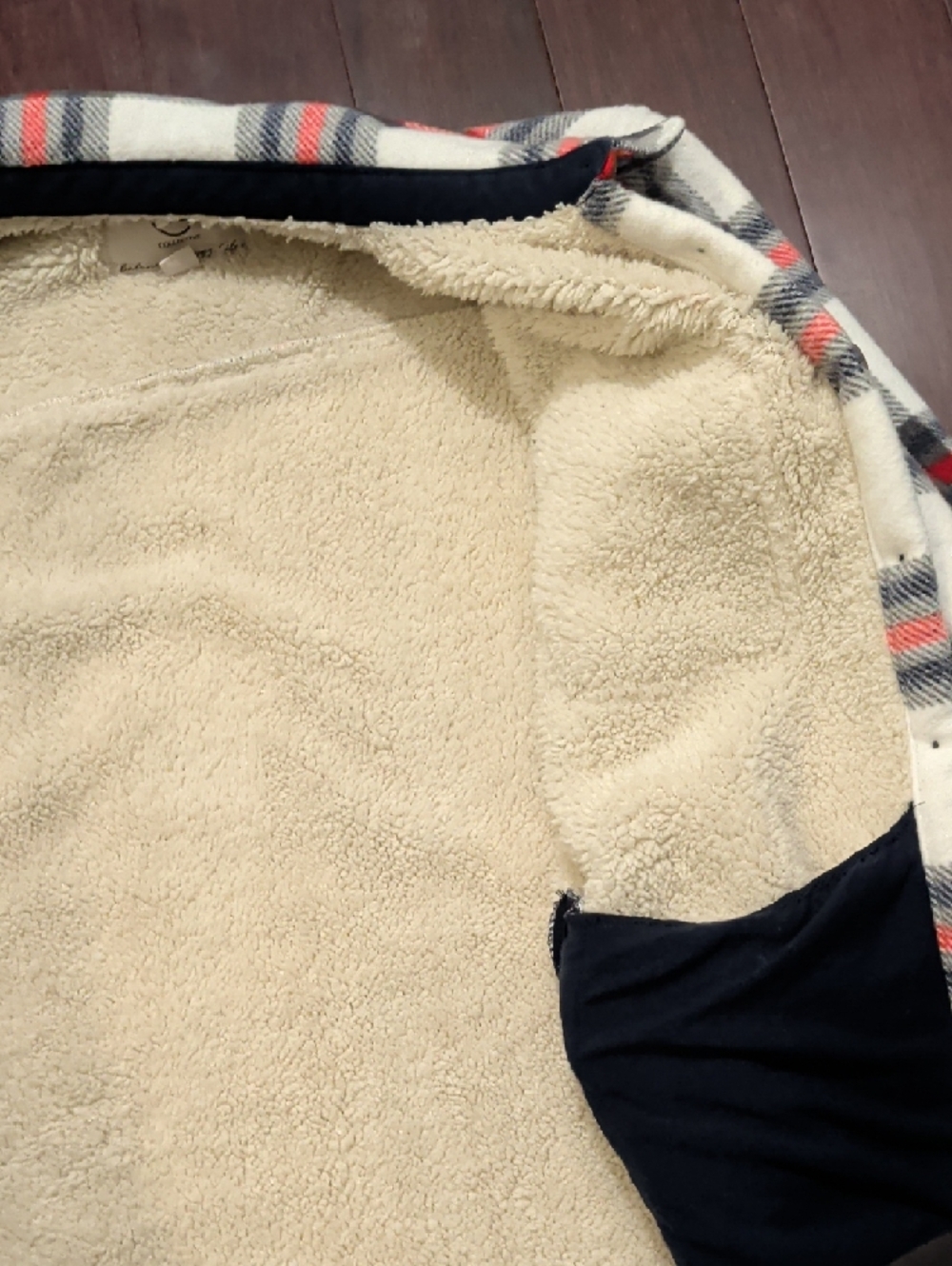 SAGE Cream Black Red Plaid Sherpa-Lined Shirt Jacket - Picture 7 of 8